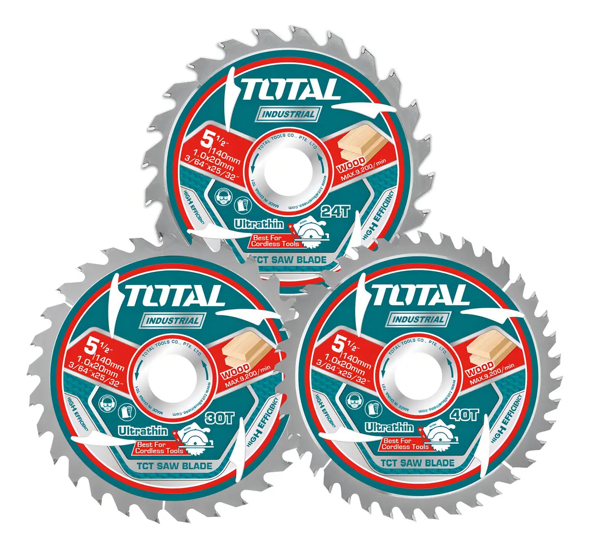 Set 3 Discos Corte Madera Total Para Circular, 5.1/2'' 140mm, Eje 20mm, 24/30/40 Dientes - TAC236140